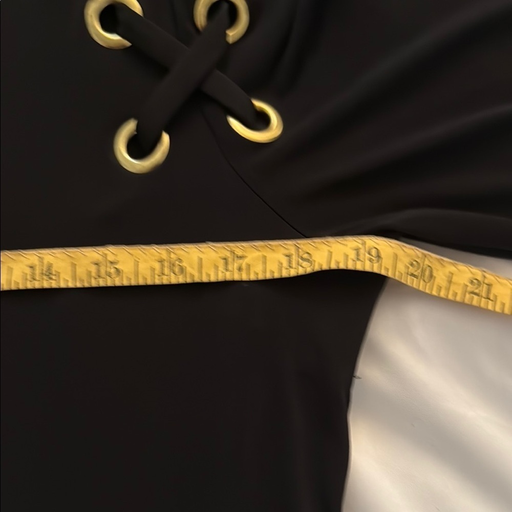 Michael Kors Black and Gold Long Sleeve Stretch Midi Dress, Zipper Back - Picture 5 of 9